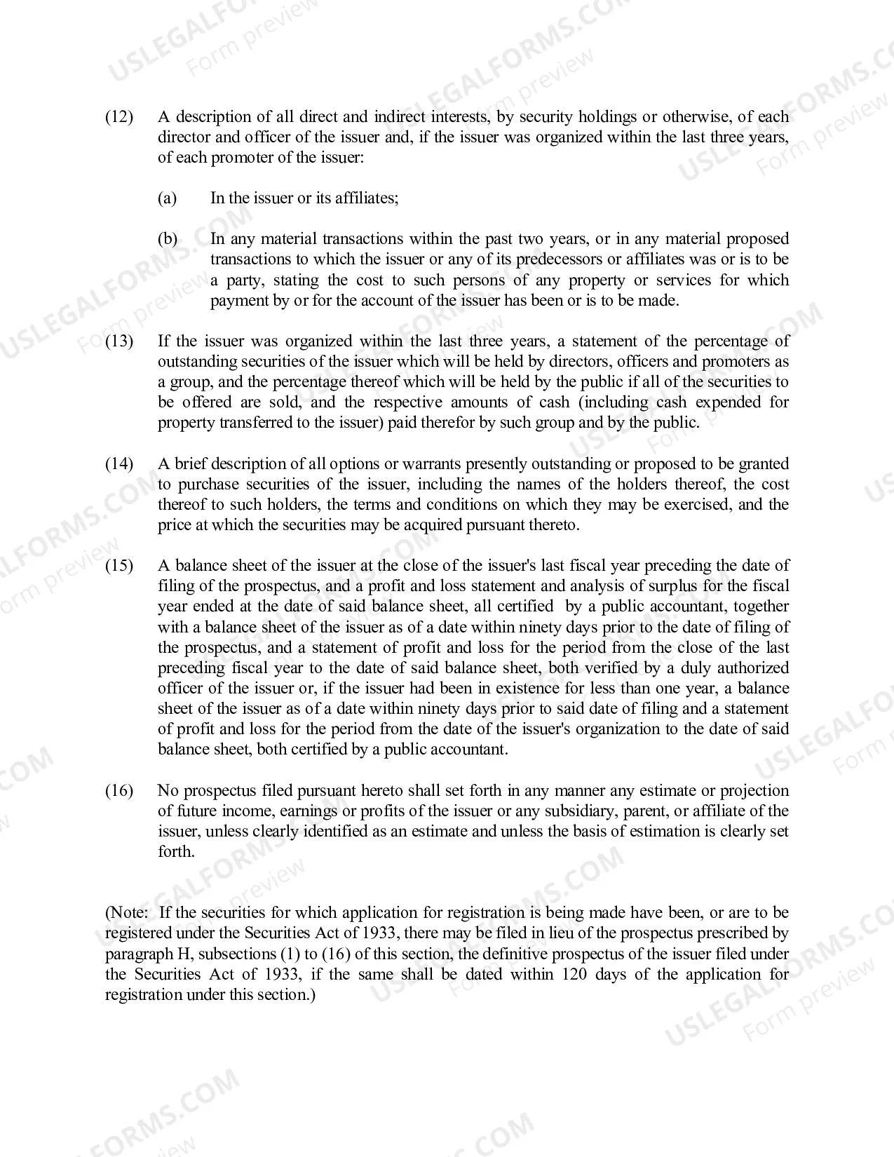 Preview Attachment to Application for Registration of Securities by Qualification