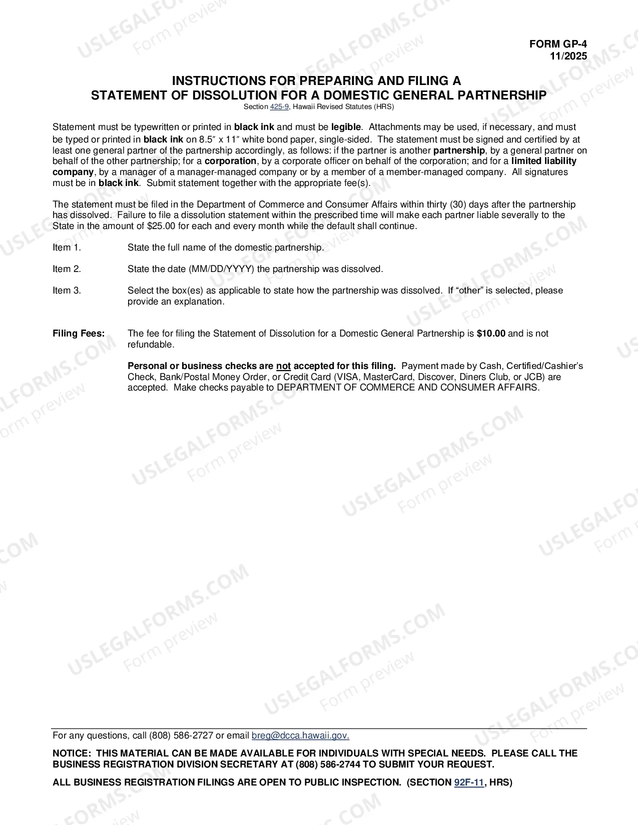 Preview General Partnership Dissolution Statement (Domestic Only)