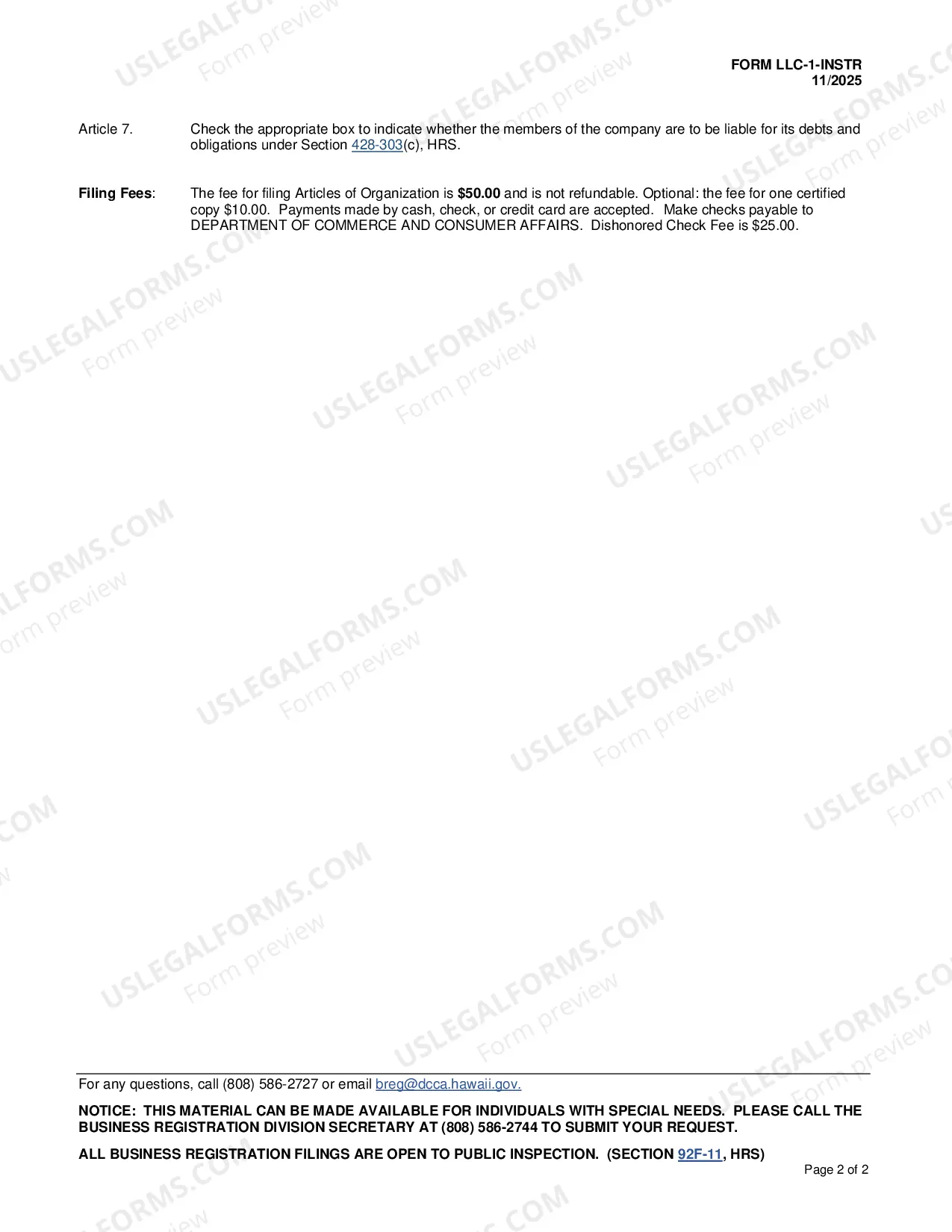 Preview Instructions for Preparing and Filing Articles of Organization