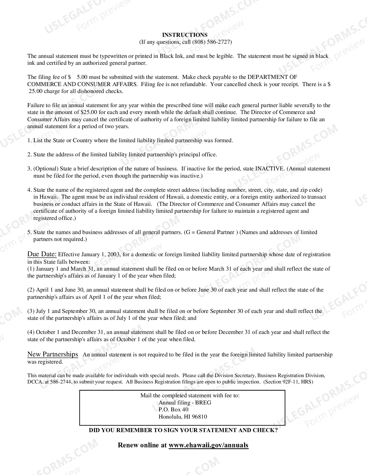 Preview Foreign Limited Liability Limited Partnership Annual Statement