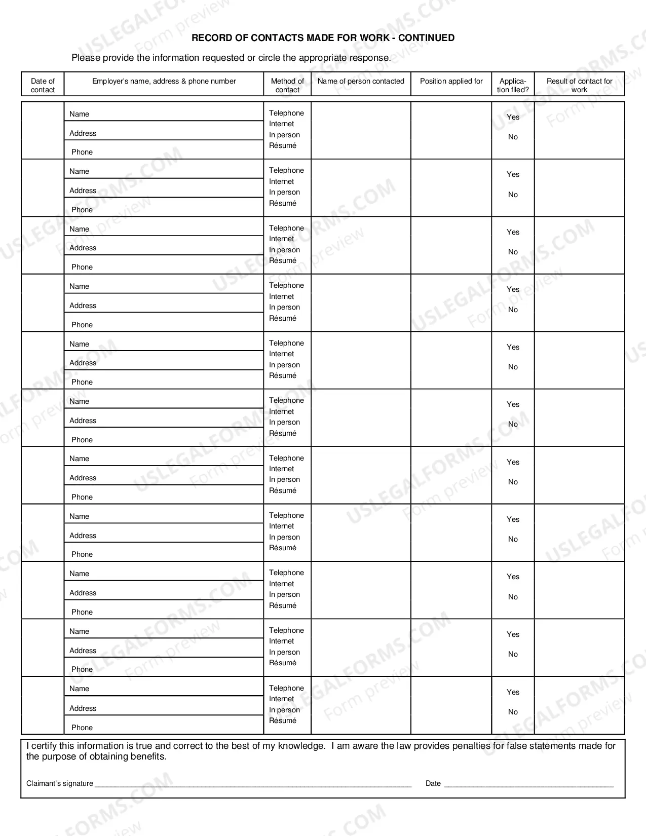 Preview Record of Contacts Made for Work