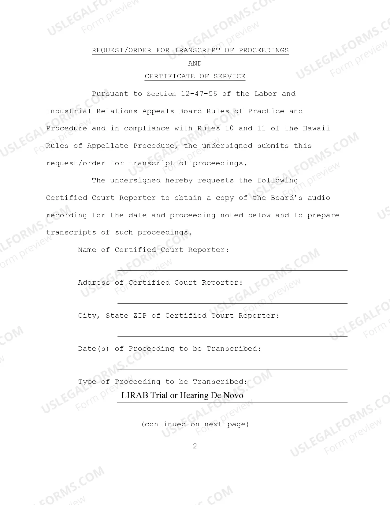 Preview Request Order for Transcript of Proceedings