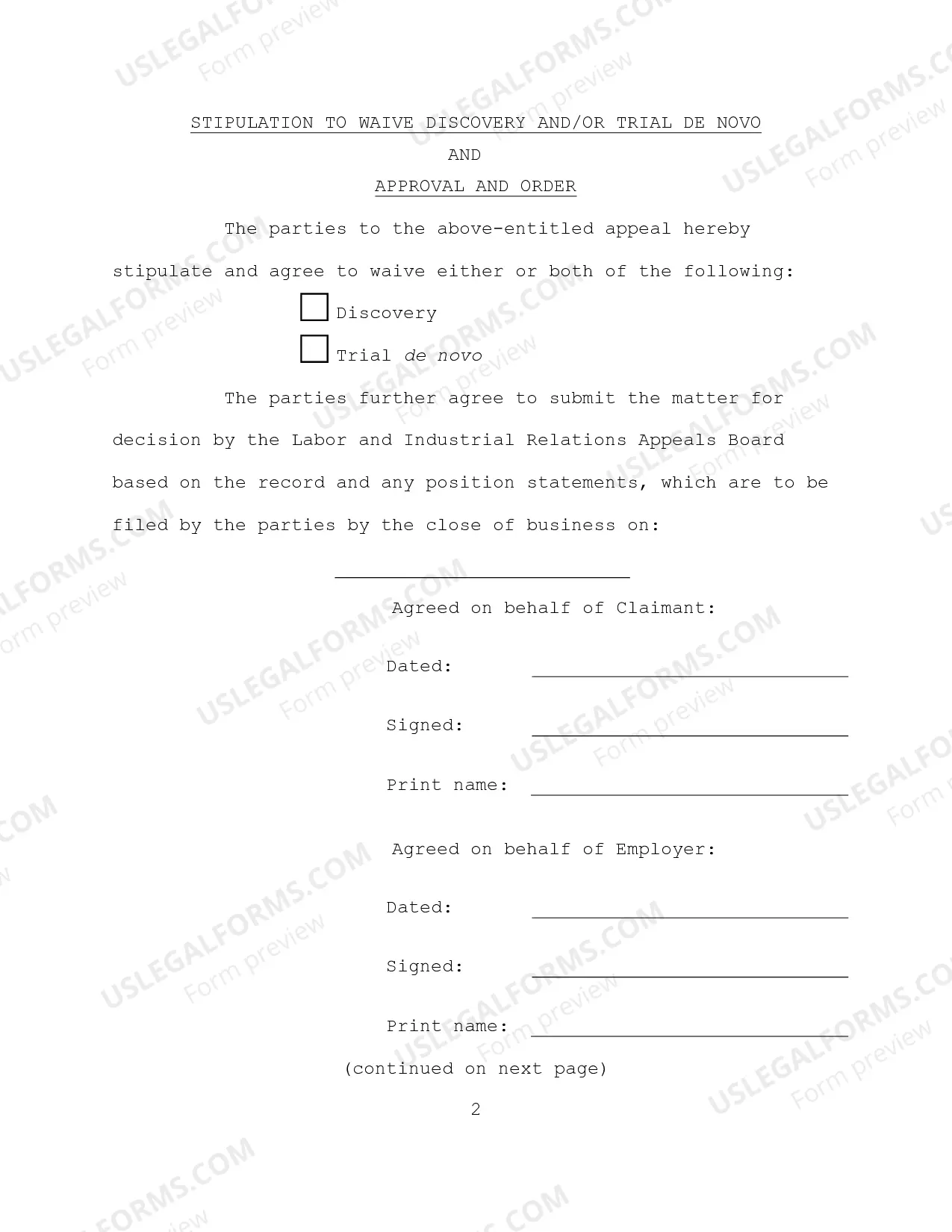 Preview Stipulation to Waive Discovery and Trial