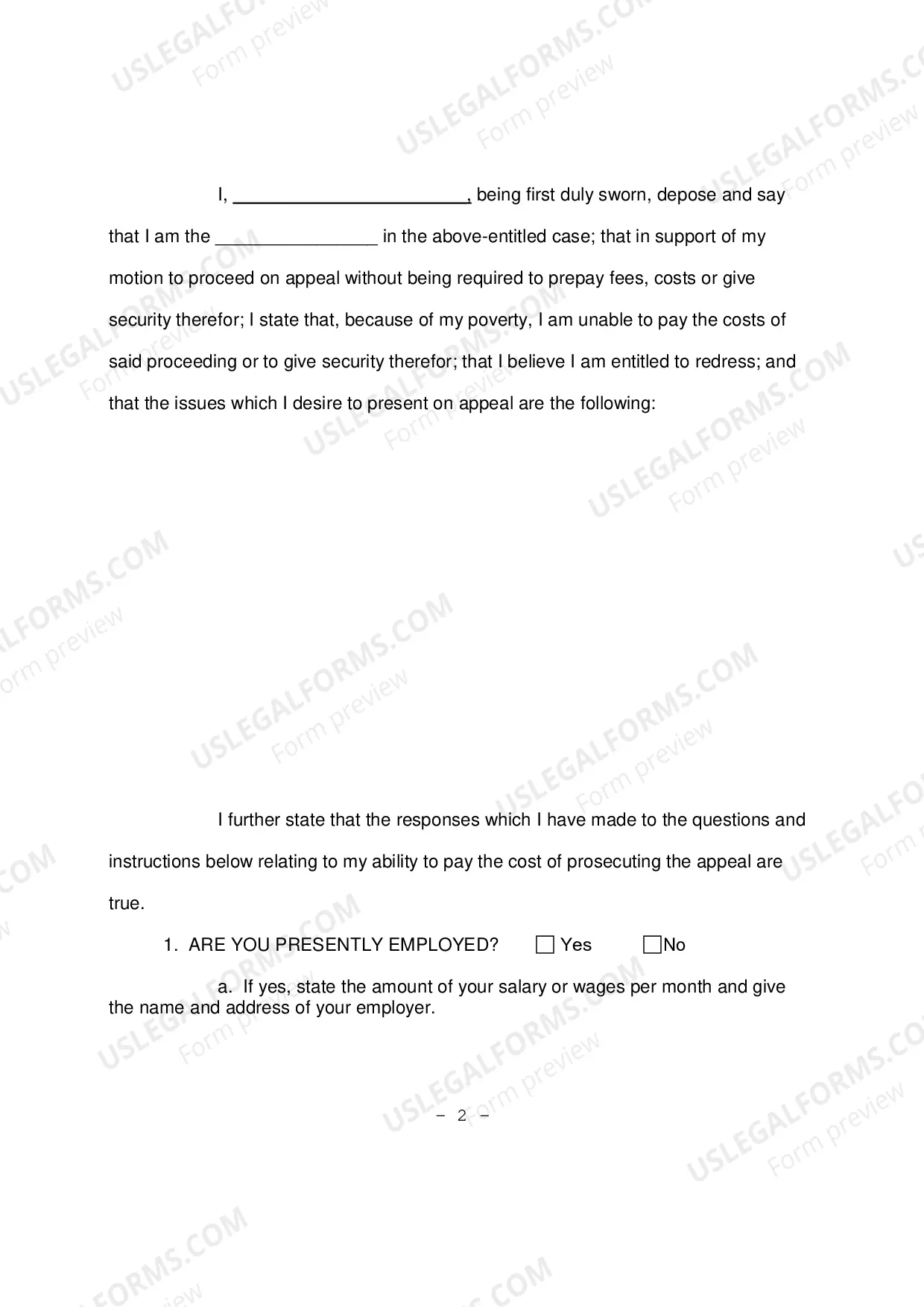 Preview Affidavit to support Motion to Proceed In Forma Pauperis