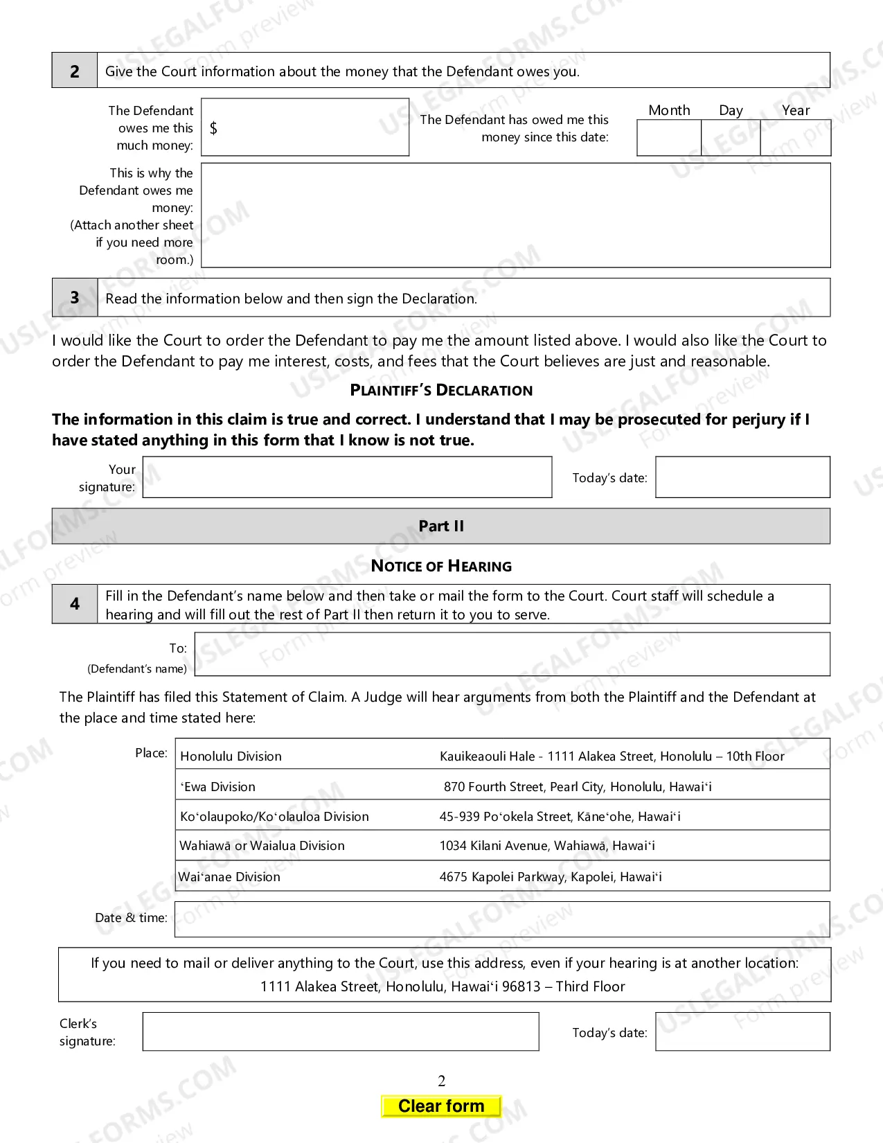 Preview Statement of Claim - General Form