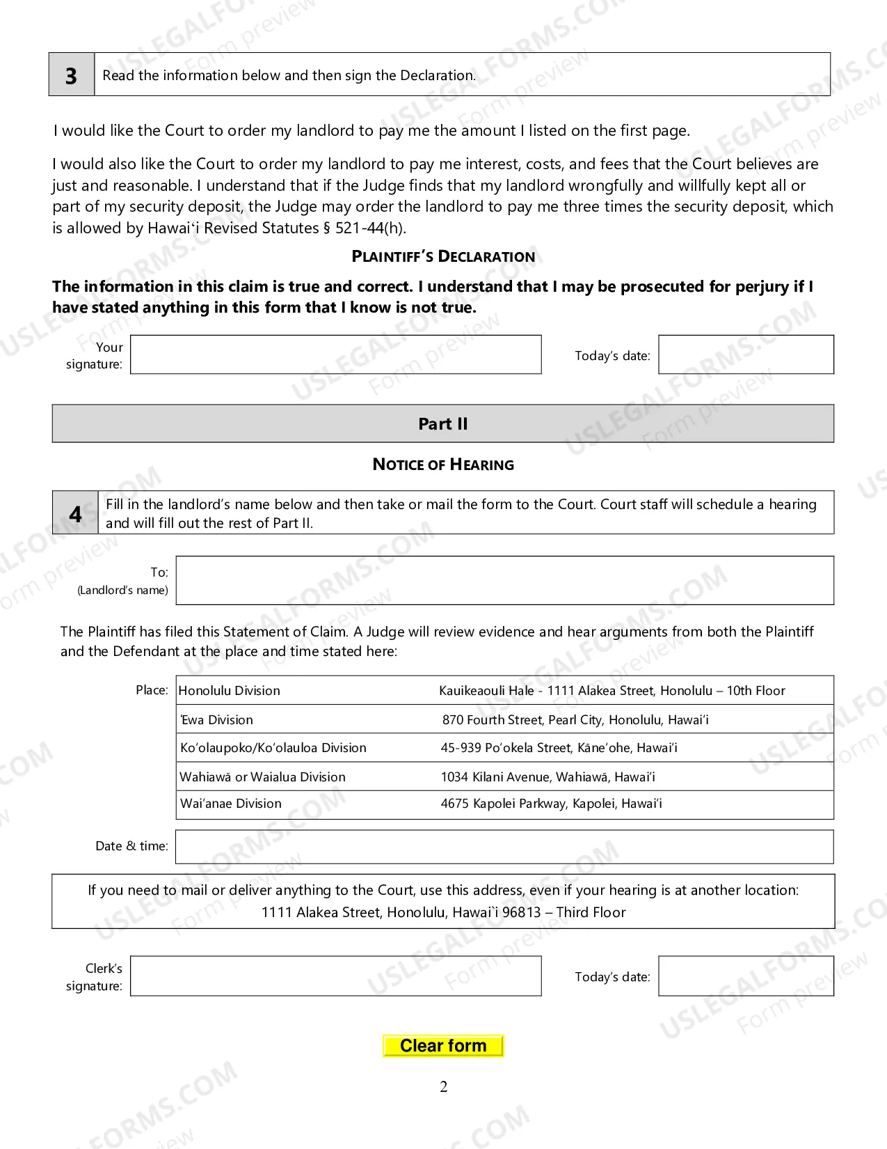 Preview Statement of Claim - Security Deposit