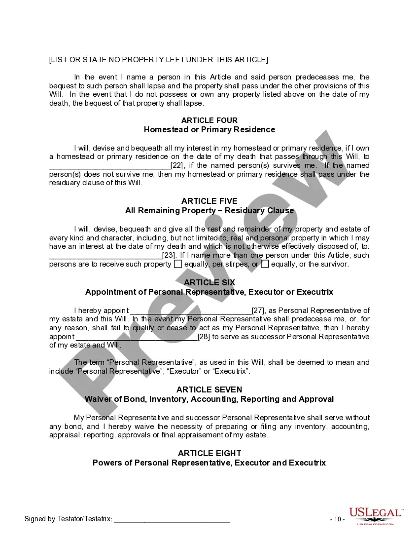 Preview Last Will and Testament for Single Person with No Children
