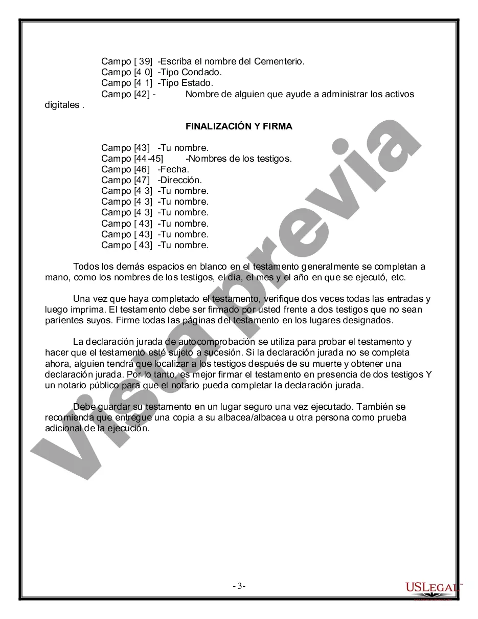 Preview Formulario Legal de Última Voluntad y Testamento para una Persona Soltera con Hijos Menores