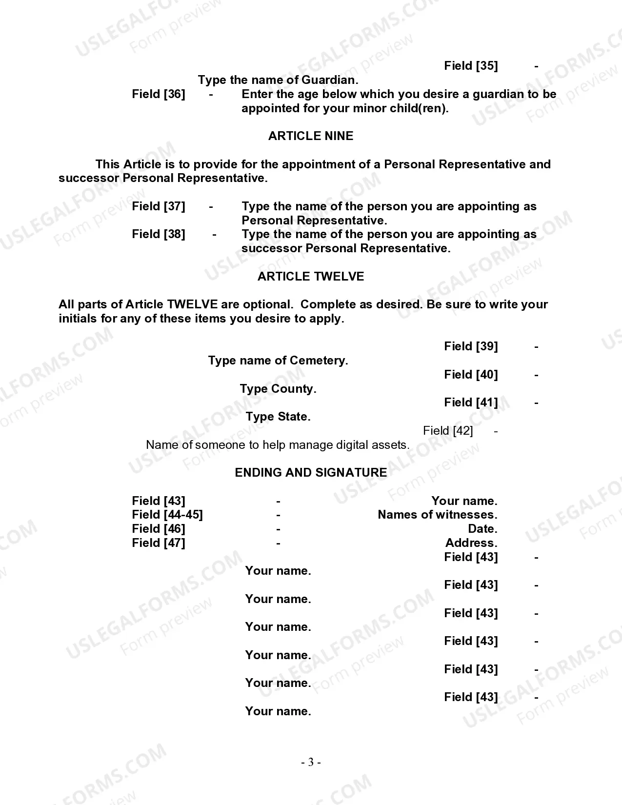 Preview Last Will and Testament for a Single Person with Minor Children