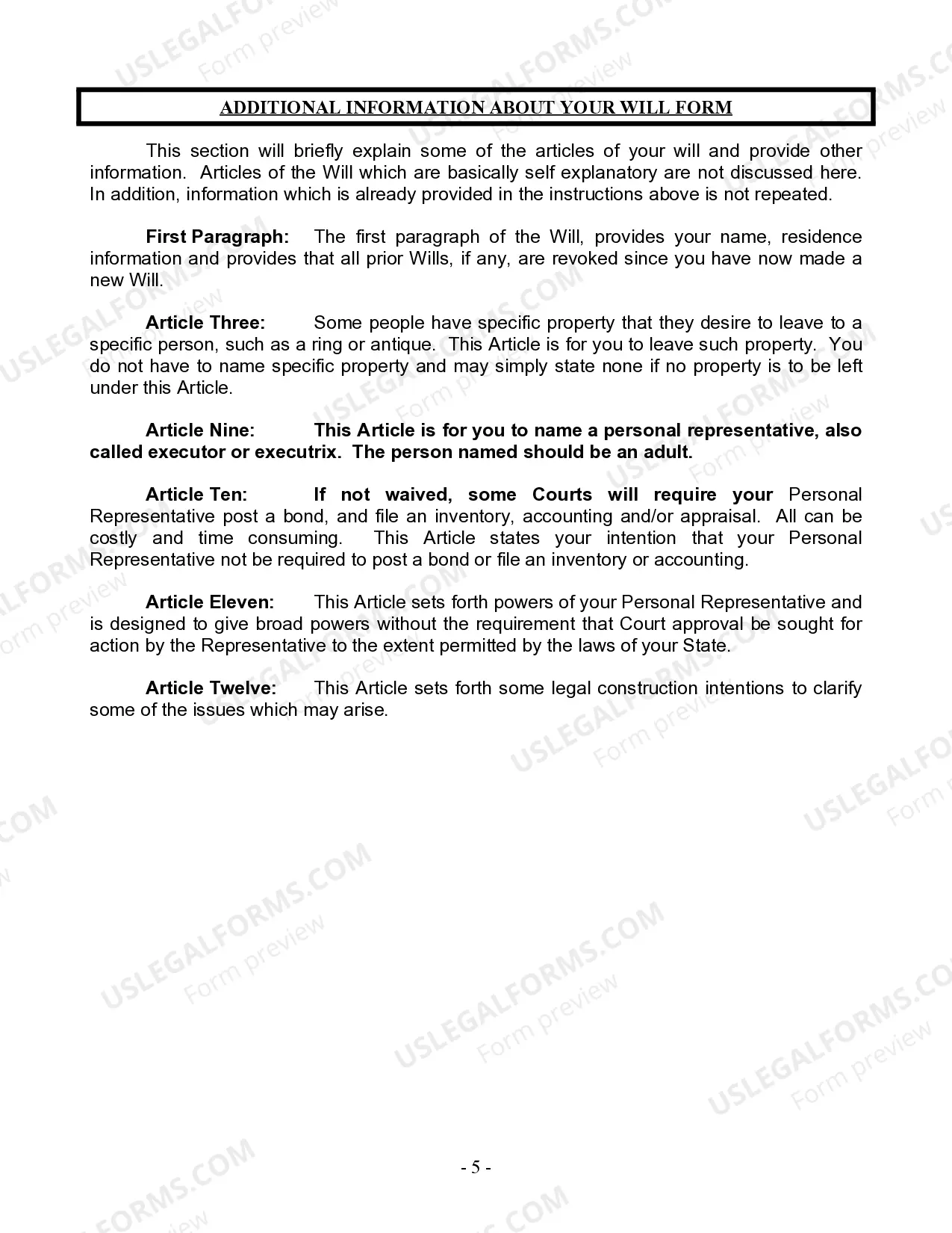 Preview Last Will and Testament for a Single Person with Minor Children