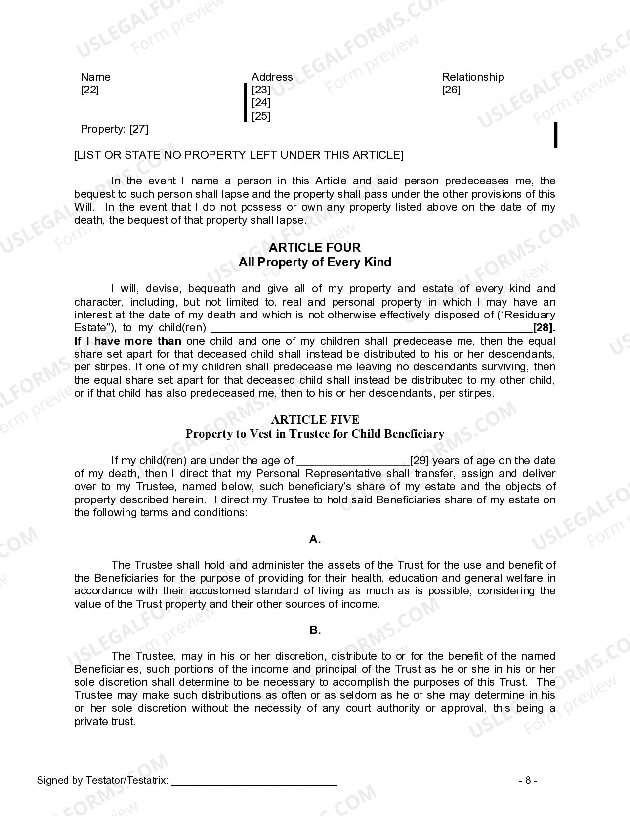 Preview Last Will and Testament for a Single Person with Minor Children