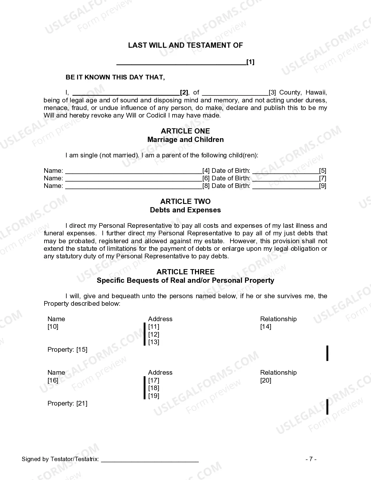 Preview Last Will and Testament for Single Person with Adult and Minor Children