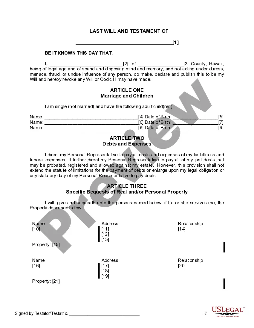 Preview Last Will and Testament for Single Person with Adult Children