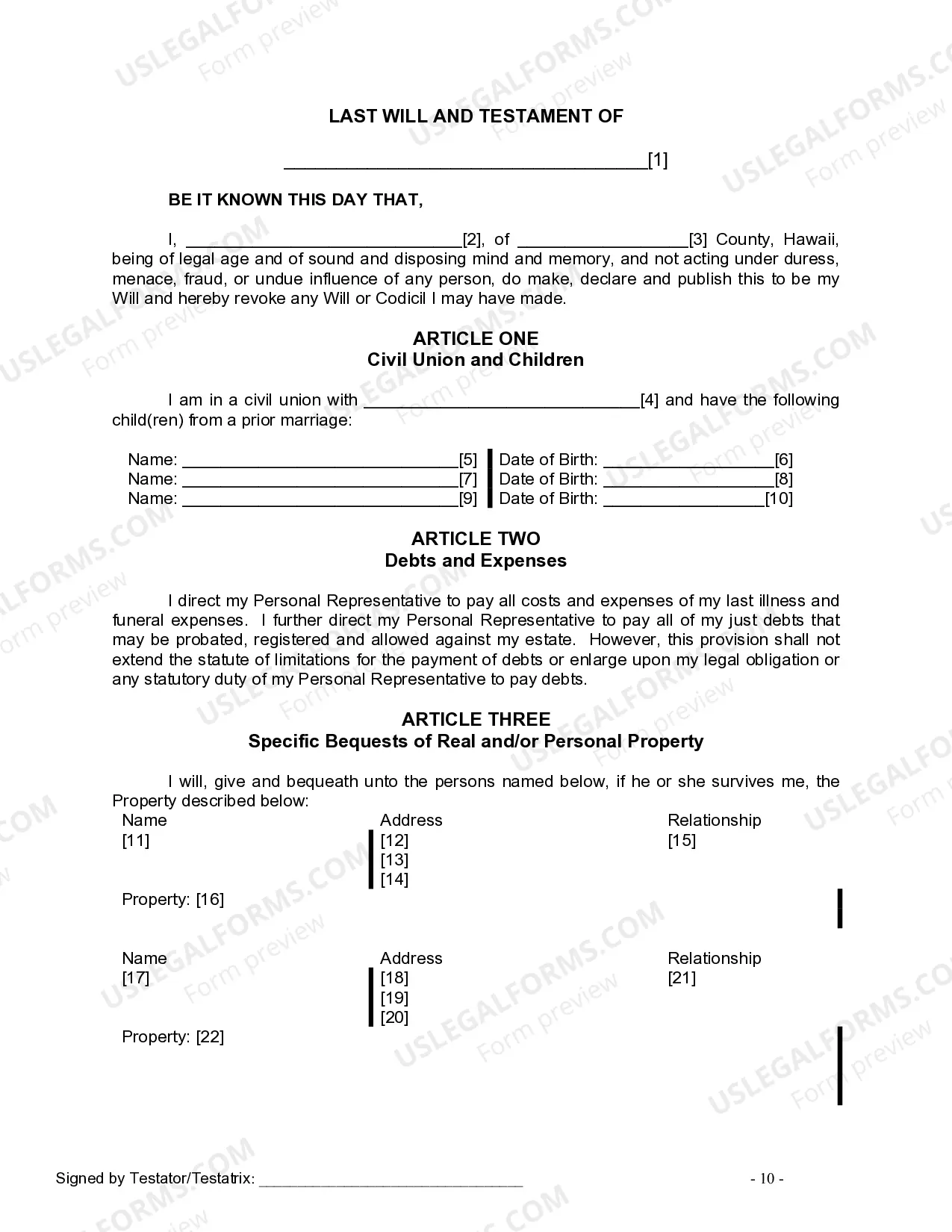 Preview Last Will and Testament for Civil Union Partner with Minor Children from Prior Marriage