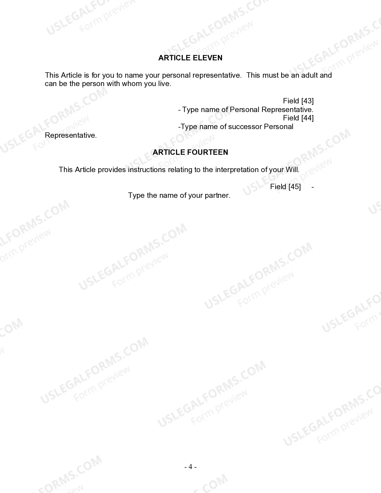 Preview Last Will and Testament for Civil Union Partner with Minor Children from Prior Marriage