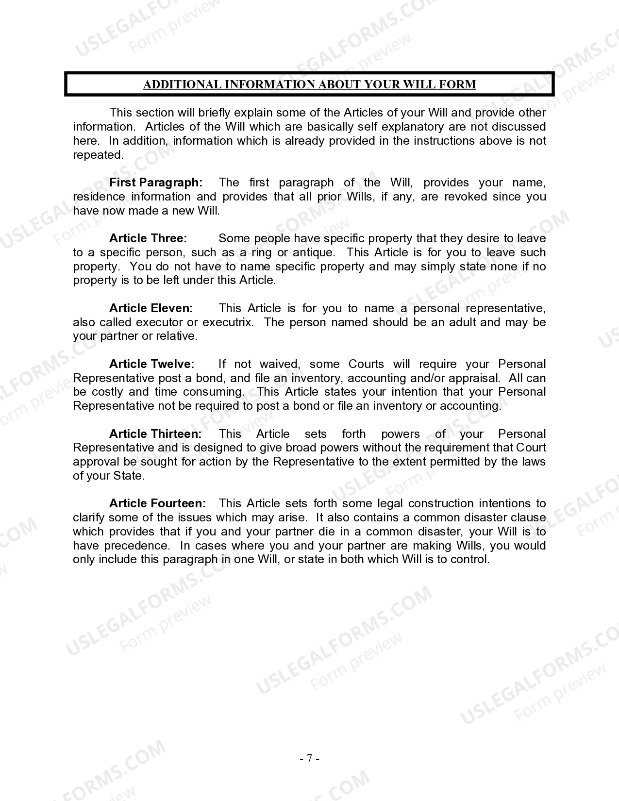 Preview Last Will and Testament for Civil Union Partner with Minor Children from Prior Marriage