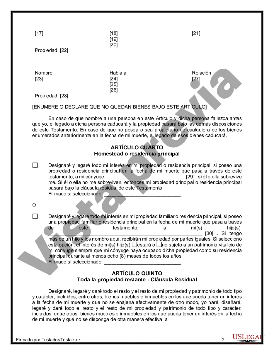 Preview Última voluntad y testamento legal para persona casada con hijos menores de edad de un matrimonio anterior