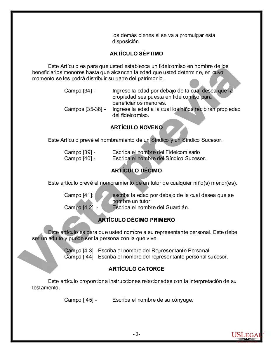 Preview Última voluntad y testamento legal para persona casada con hijos menores de edad de un matrimonio anterior