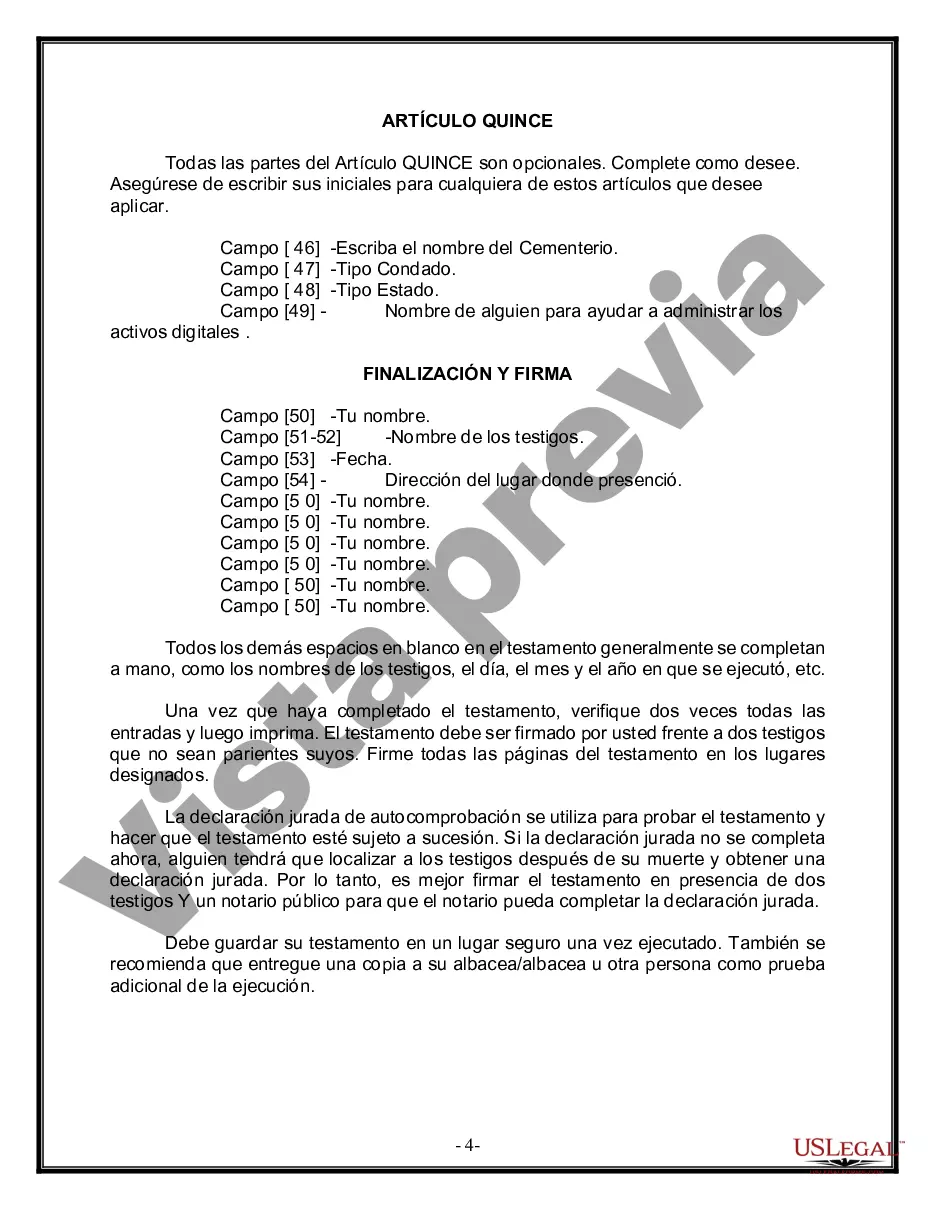 Preview Última voluntad y testamento legal para persona casada con hijos menores de edad de un matrimonio anterior