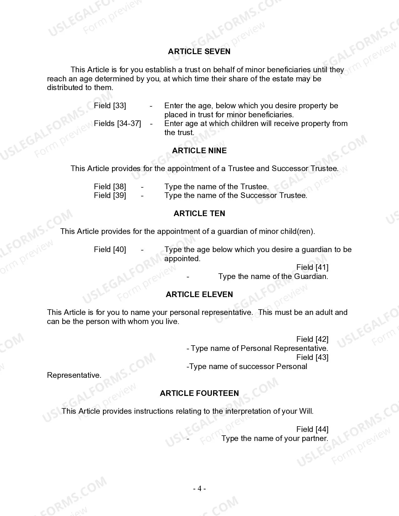 Preview Last Will and Testament for Domestic Partner with Minor Children from Prior Marriage