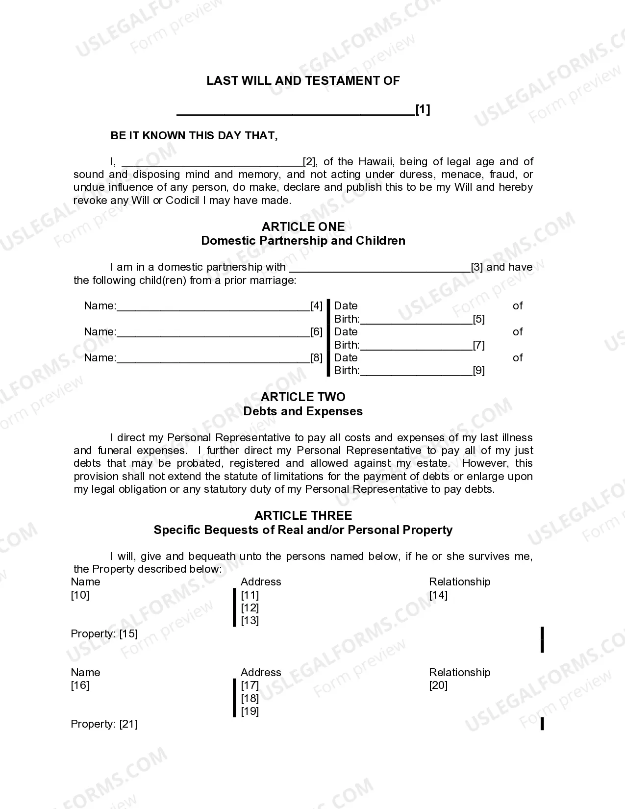 Preview Last Will and Testament for Domestic Partner with Minor Children from Prior Marriage