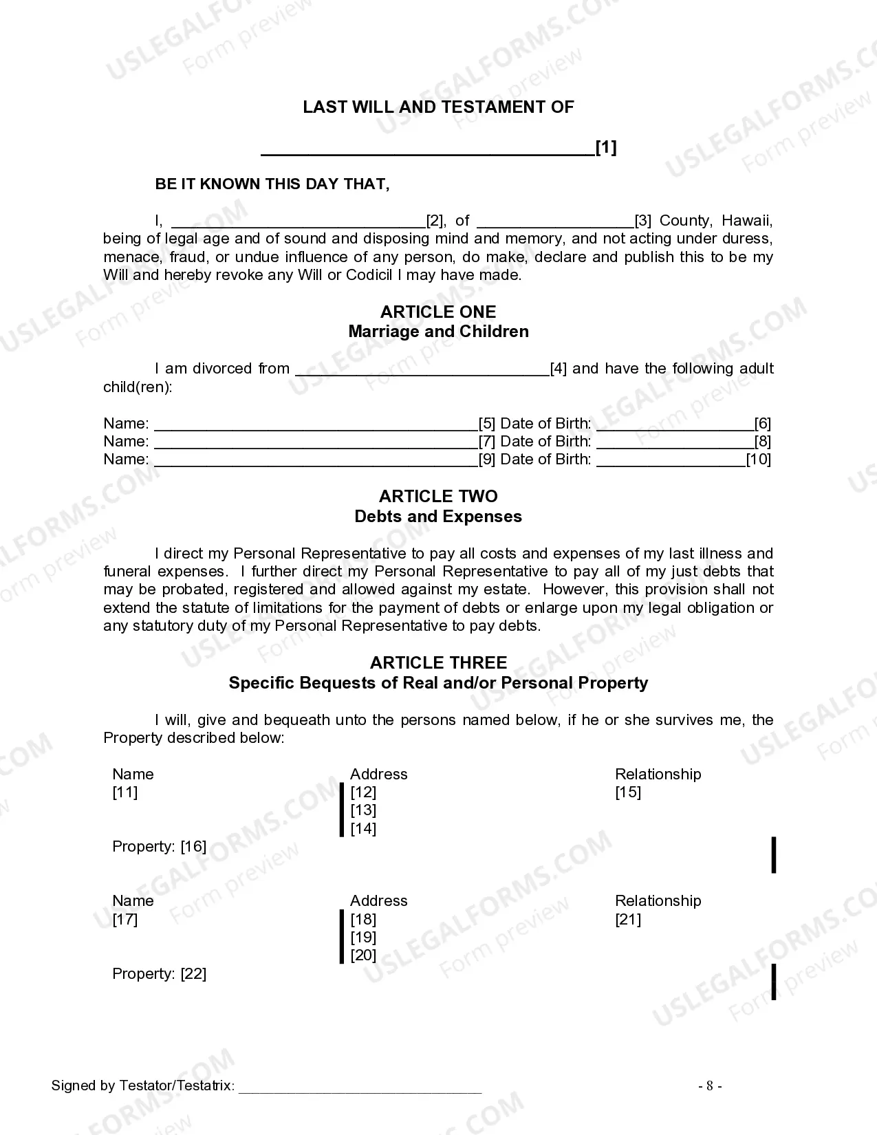 Preview Last Will and Testament for Divorced person not Remarried with Adult Children