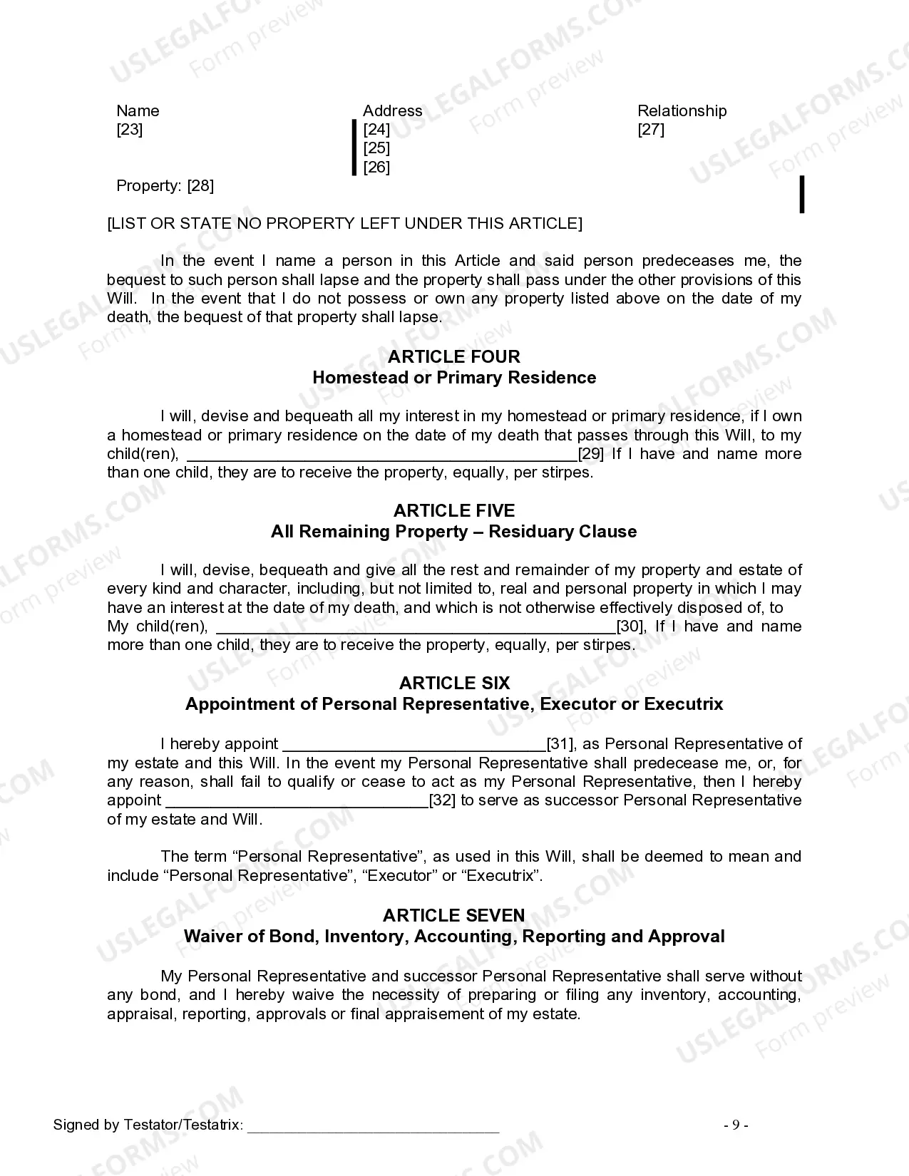 Preview Last Will and Testament for Divorced person not Remarried with Adult Children
