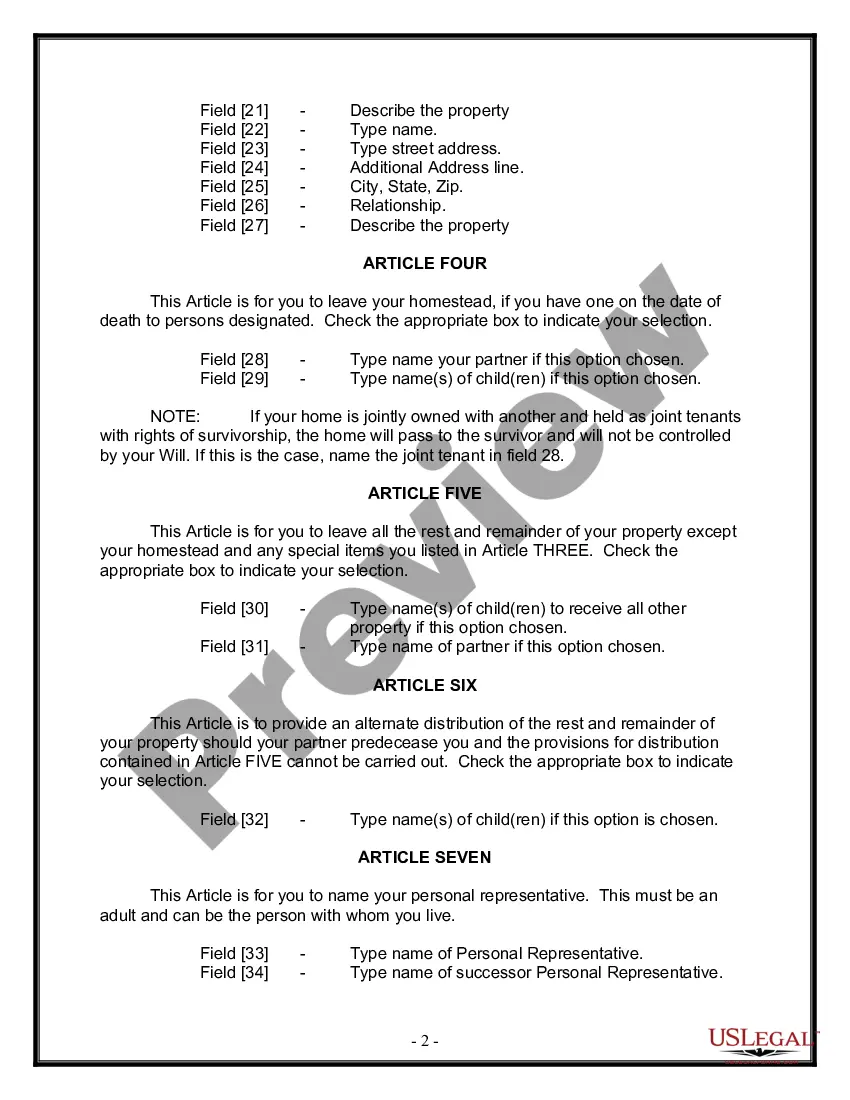 Preview Last Will and Testament for Domestic Partner with Adult Children from Prior Marriage