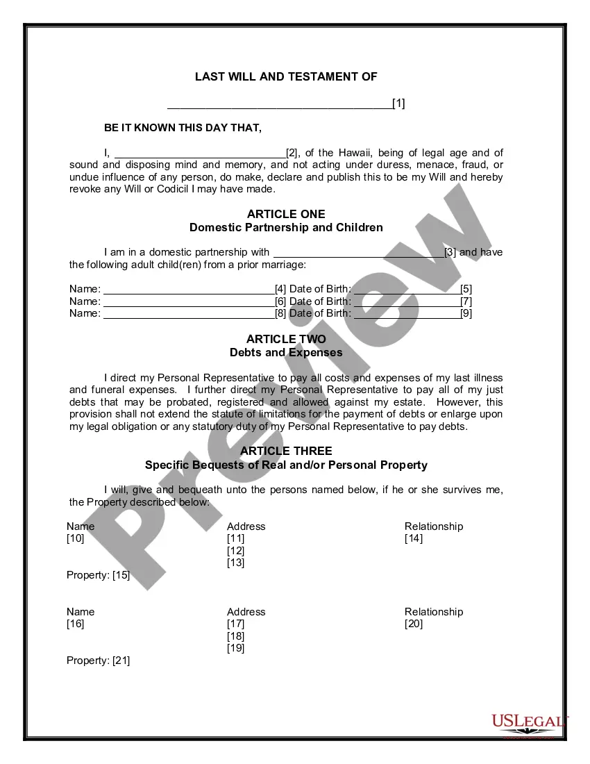 Preview Last Will and Testament for Domestic Partner with Adult Children from Prior Marriage