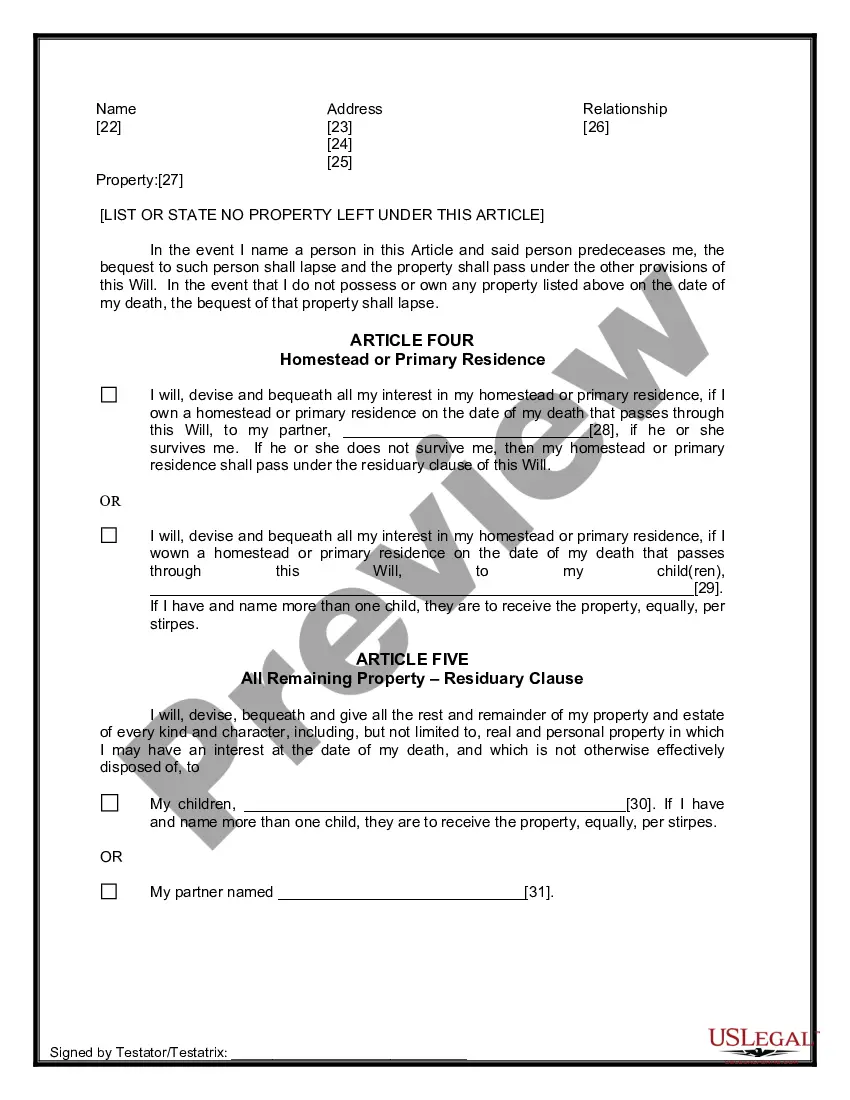 Preview Last Will and Testament for Domestic Partner with Adult Children from Prior Marriage
