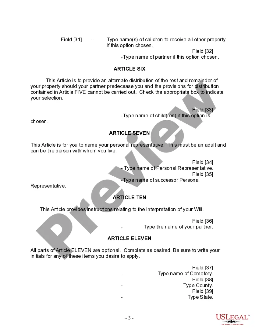 Preview Last Will and Testament for Civil Union Partner with Adult Children from Prior Marriage