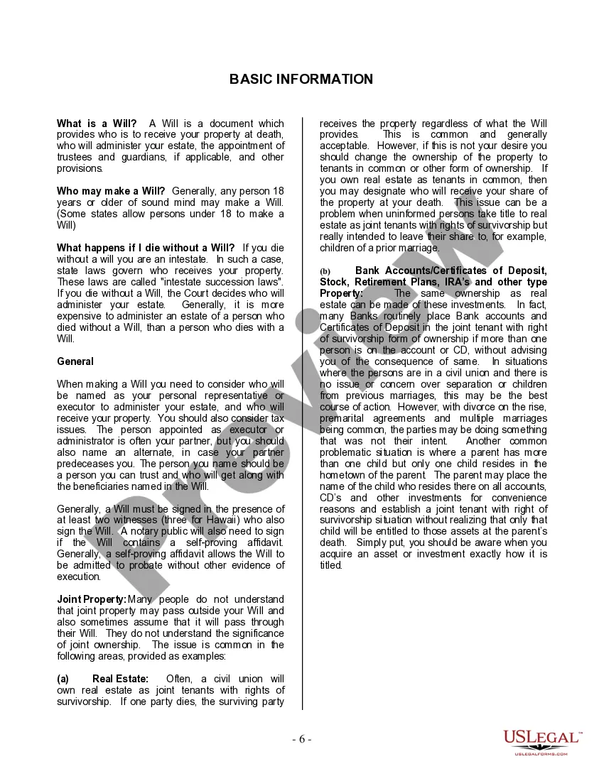 Preview Last Will and Testament for Civil Union Partner with Adult Children from Prior Marriage