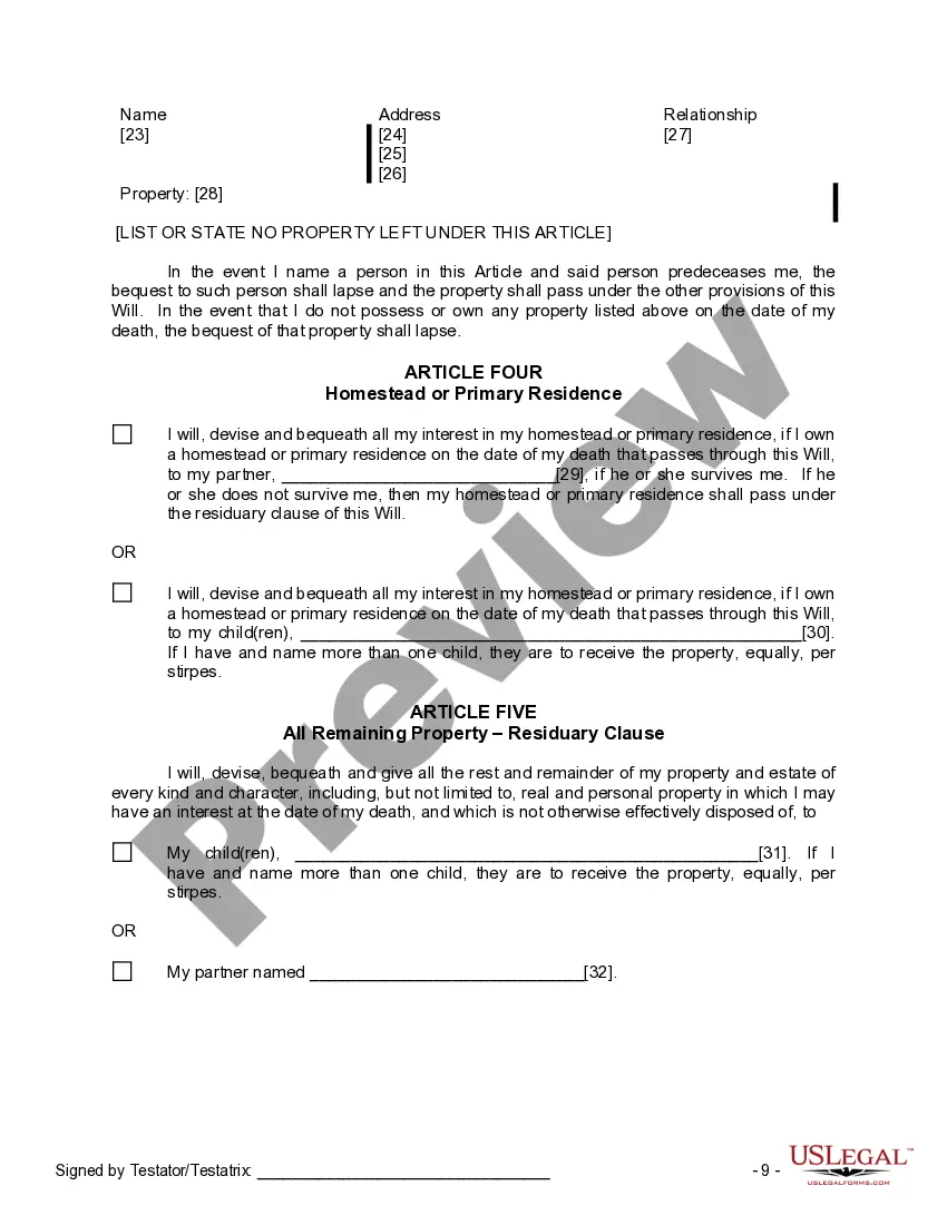 Preview Last Will and Testament for Civil Union Partner with Adult Children from Prior Marriage