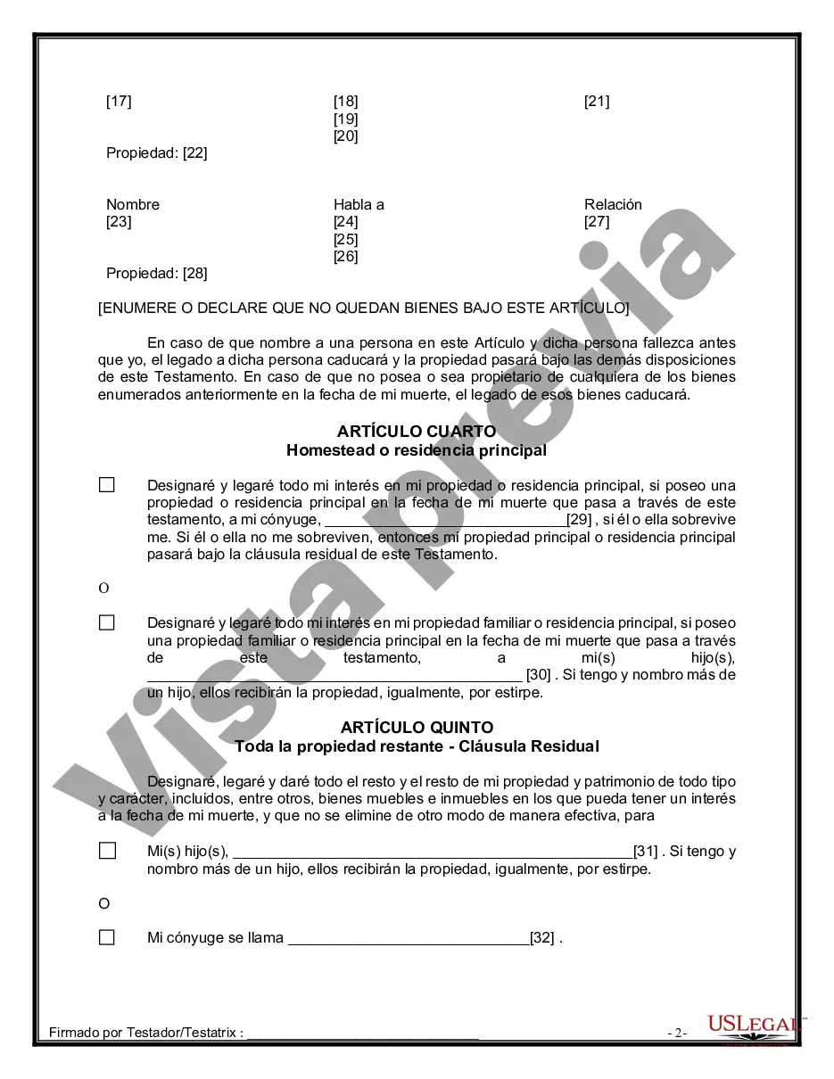 Preview Formulario de última voluntad y testamento legal para una persona casada con hijos adultos de un matrimonio anterior