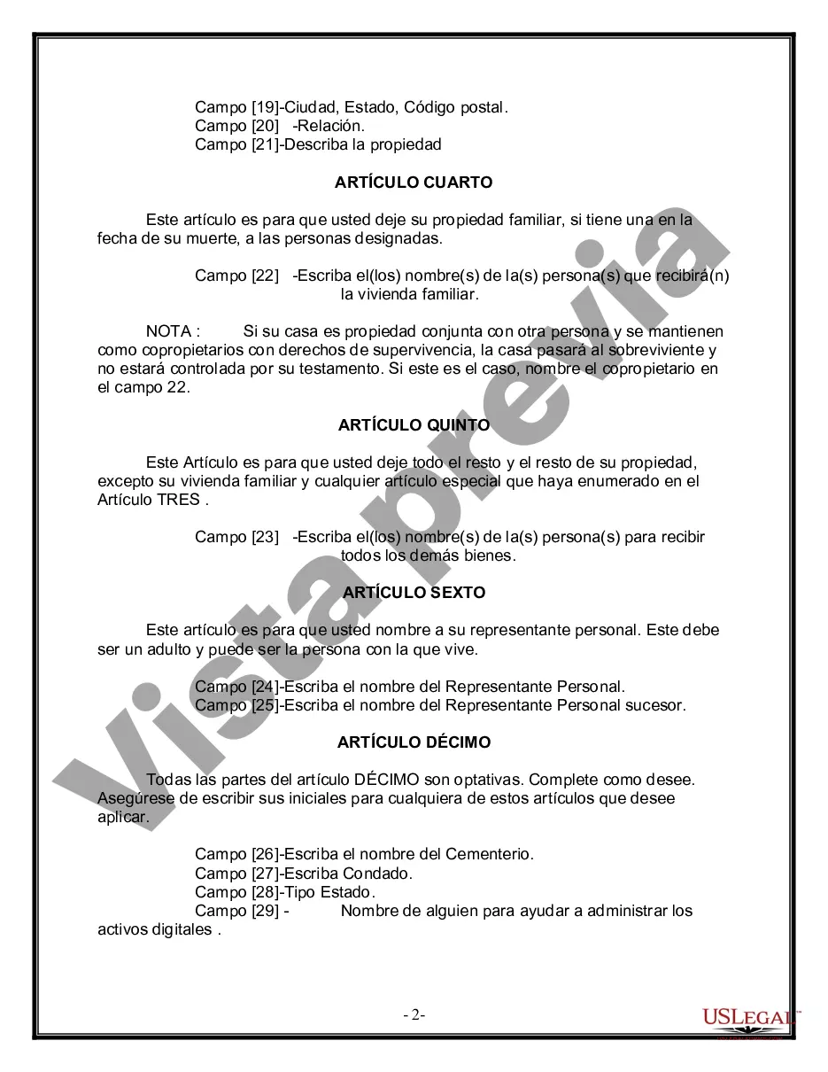 Preview Formulario de última voluntad y testamento legal para personas divorciadas que no se han vuelto a casar y no tienen hijos