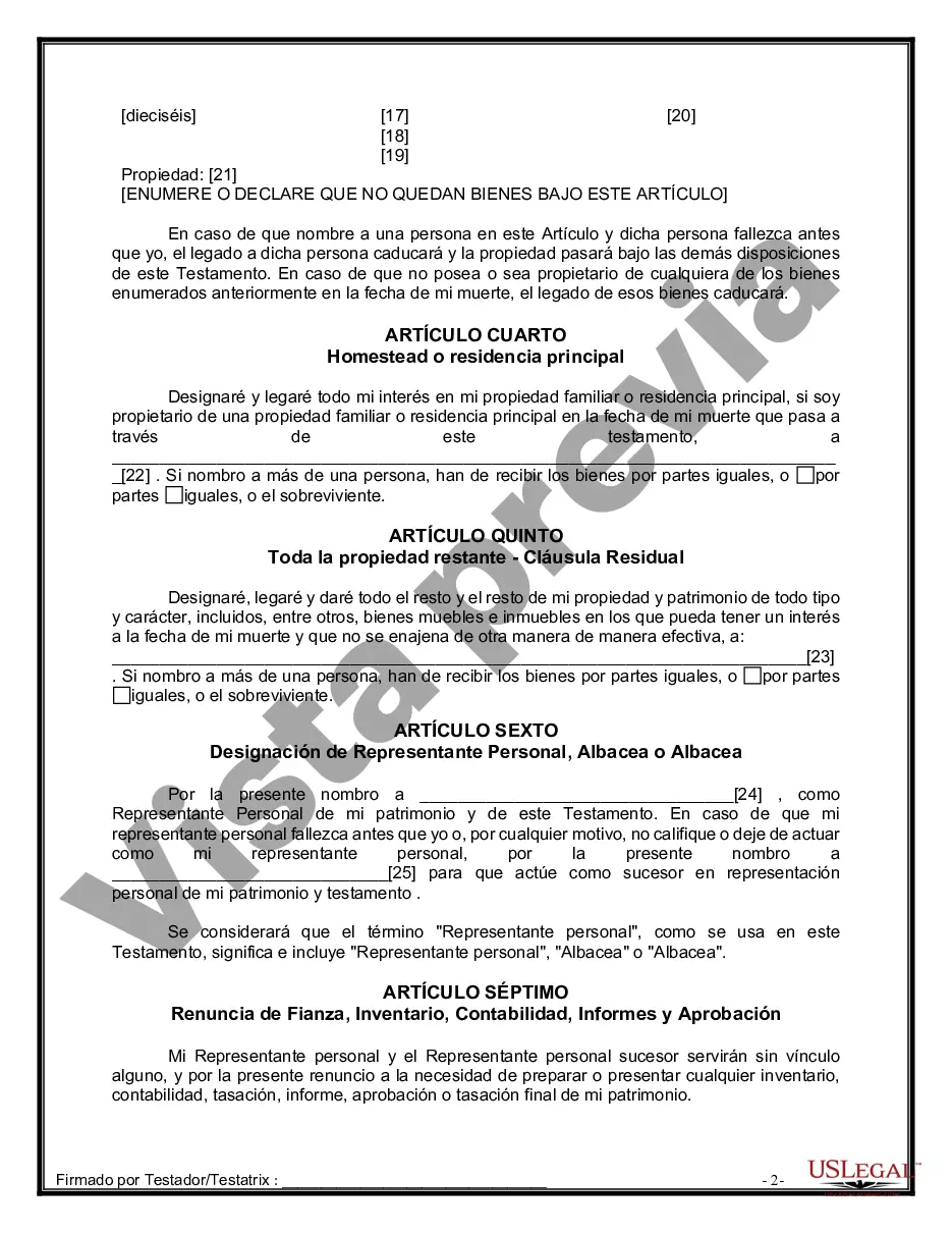 Preview Formulario de última voluntad y testamento legal para personas divorciadas que no se han vuelto a casar y no tienen hijos