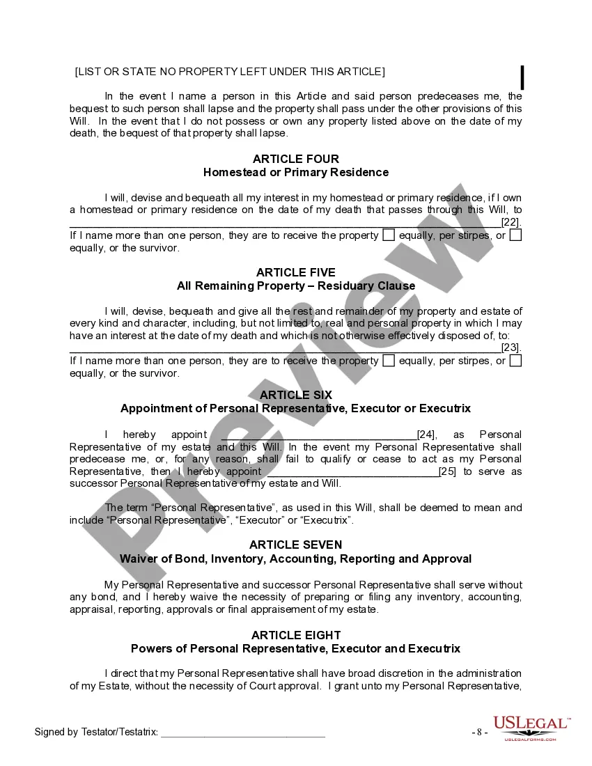 Preview Last Will and Testament for Divorced Person Not Remarried with No Children