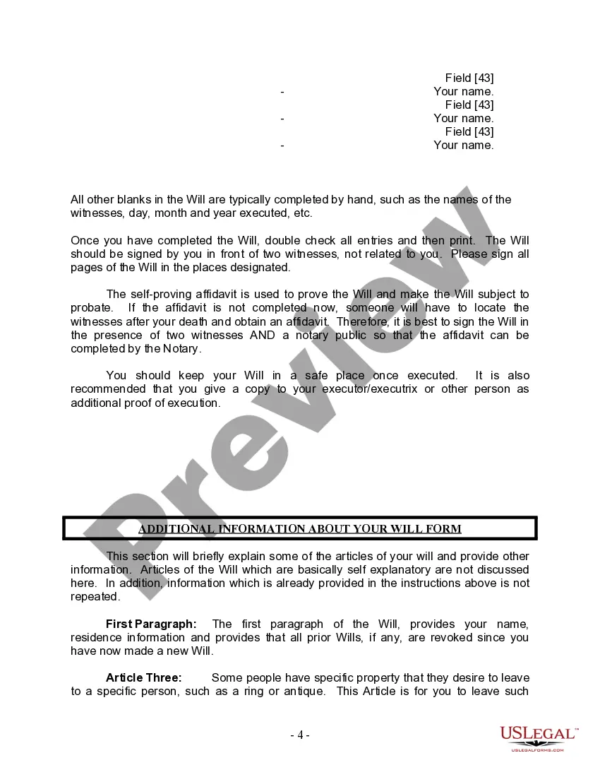 Preview Last Will and Testament for Divorced person not Remarried with Minor Children