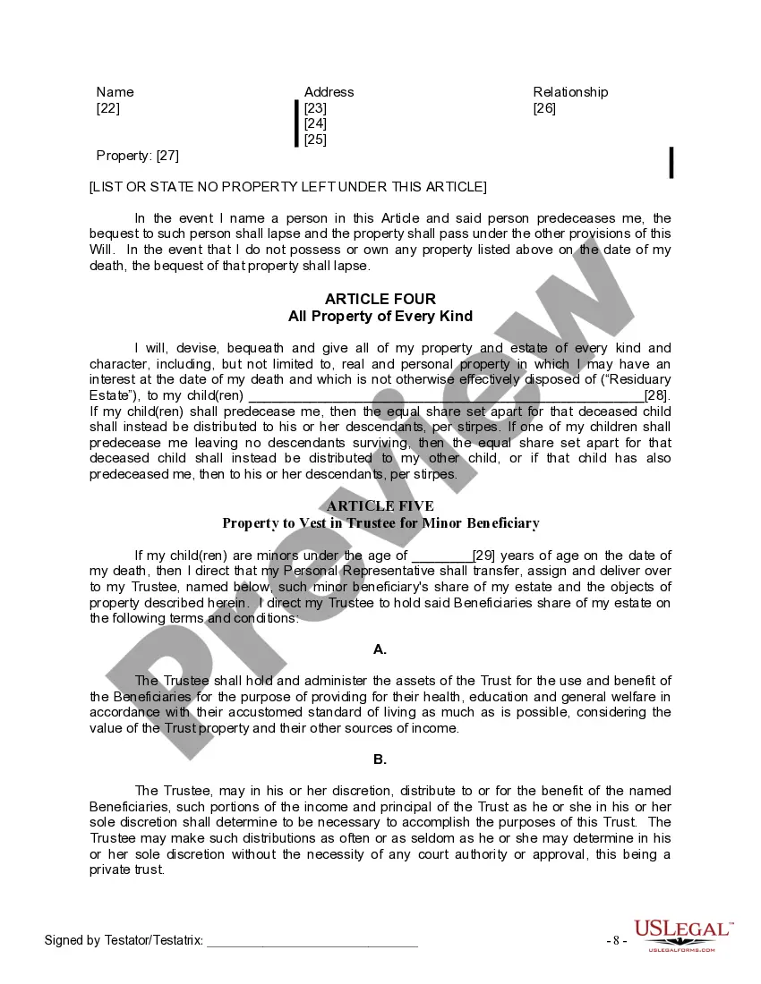 Preview Last Will and Testament for Divorced person not Remarried with Minor Children