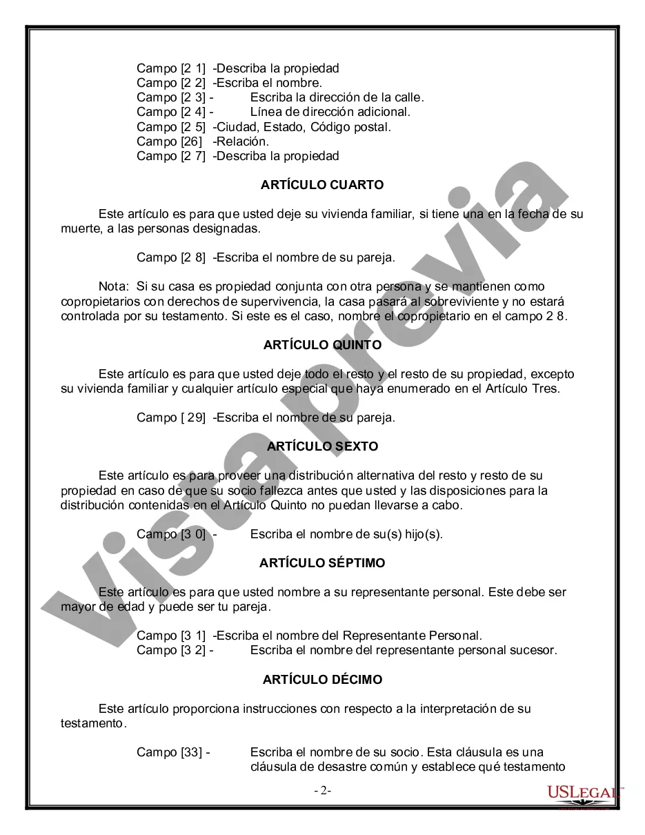 Preview Formulario de última voluntad y testamento legal para pareja de hecho con hijos adultos