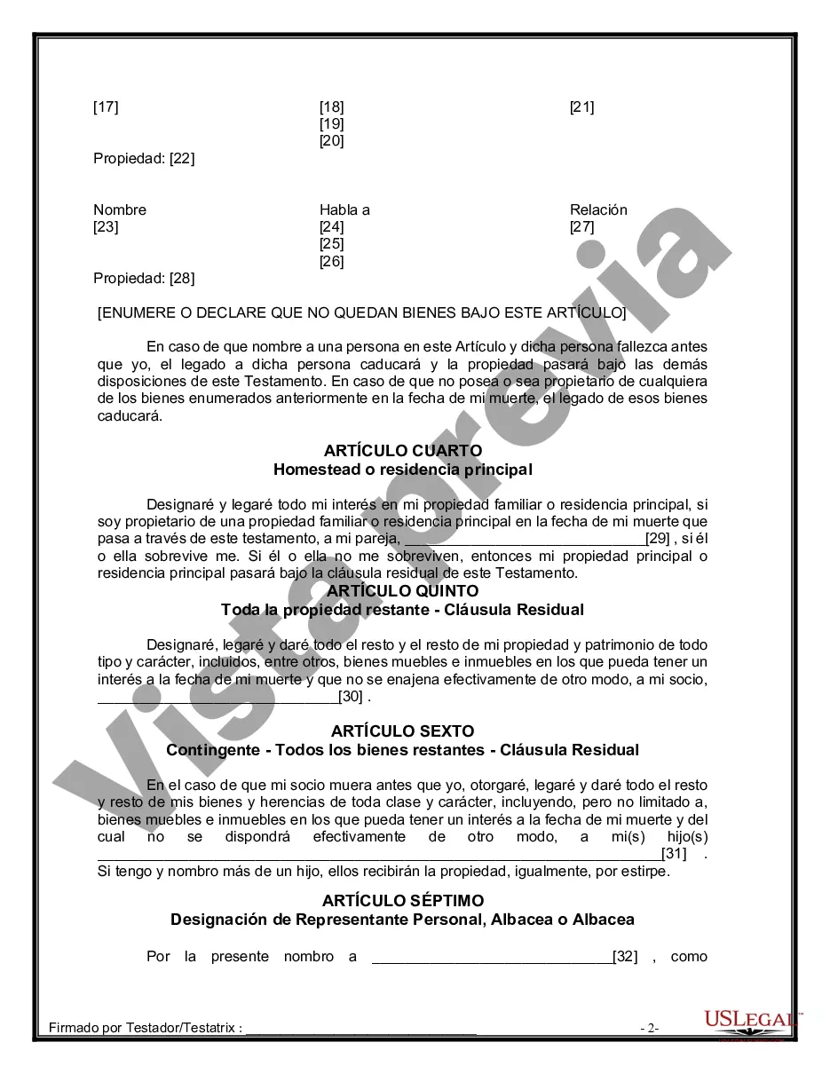 Preview Formulario de última voluntad y testamento legal para pareja de hecho con hijos adultos