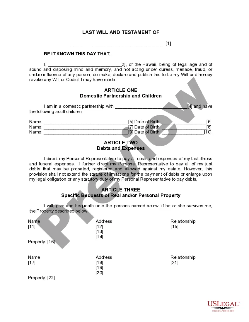 Get Last Will and Testament for Domestic Partner with Adult Children Preview Last Will and Testament for Domestic Partner with Adult Children