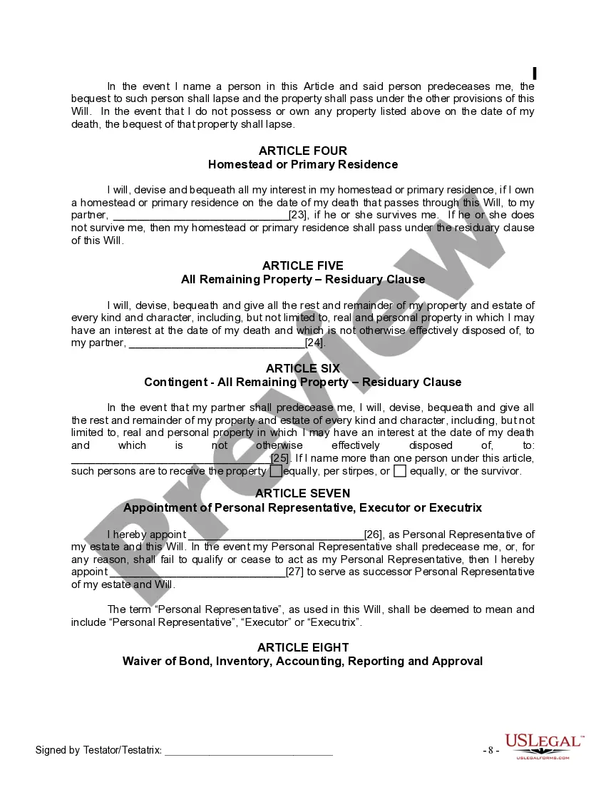 Preview Last Will and Testament for a Domestic Partner with No Children