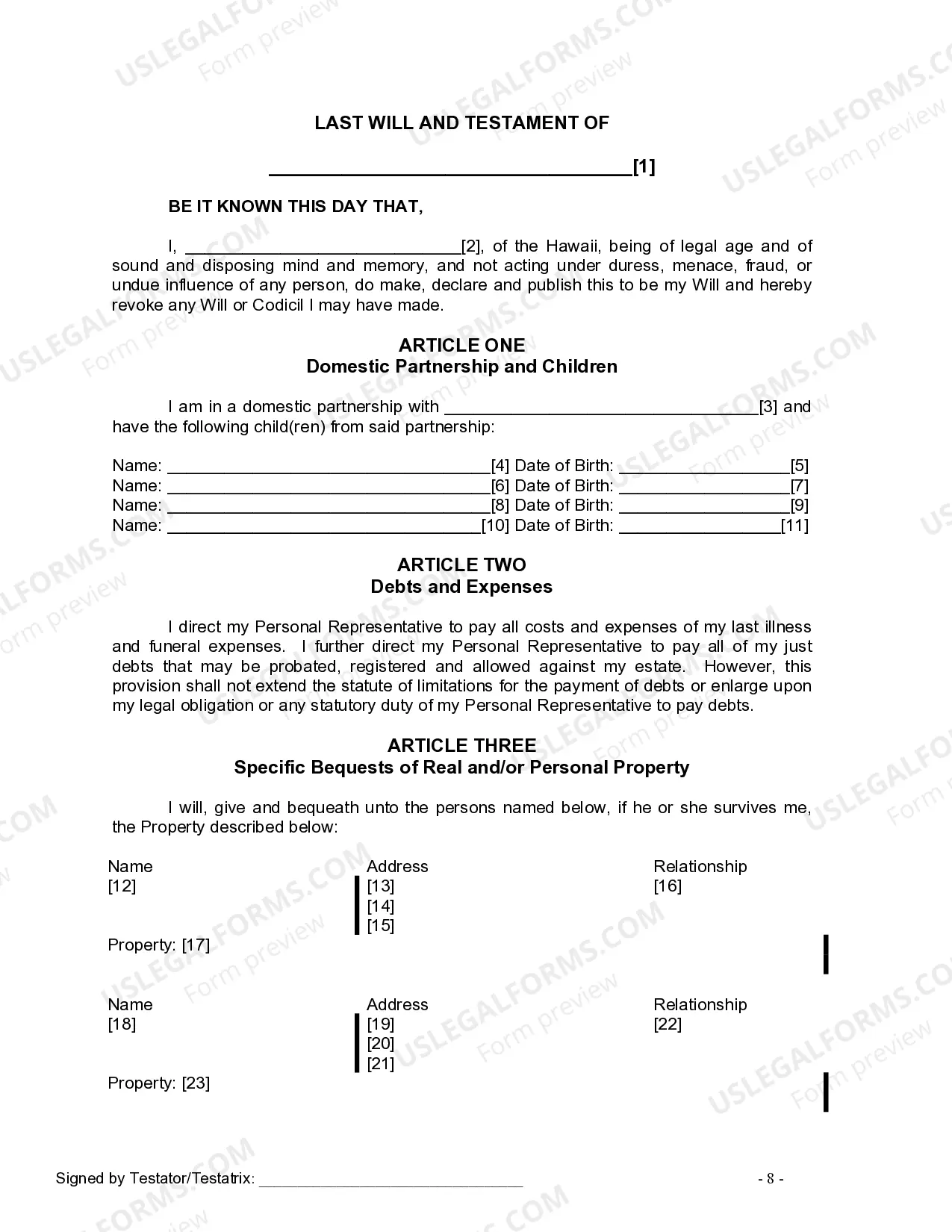 Preview Last Will and Testament for Domestic Partner with Minor Children