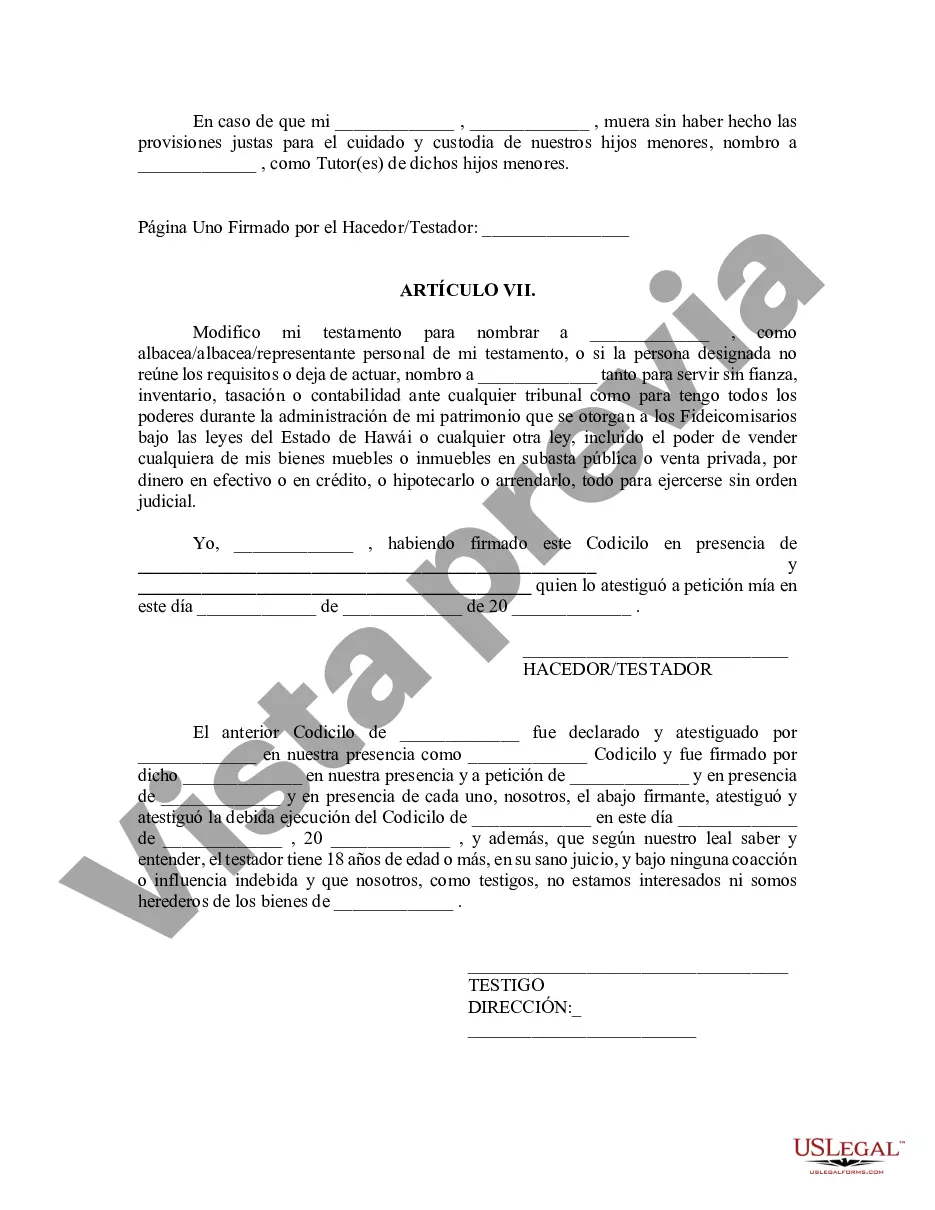 Preview Codicilo al formulario de testamento para enmendar su testamento - Cambios o enmiendas de testamento