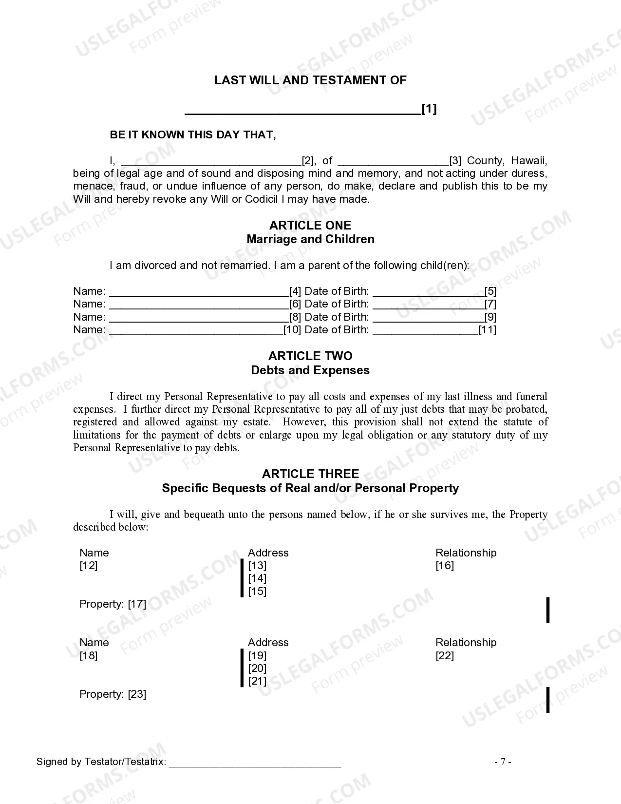 Preview Last Will and Testament for Divorced Person Not Remarried with Adult and Minor Children