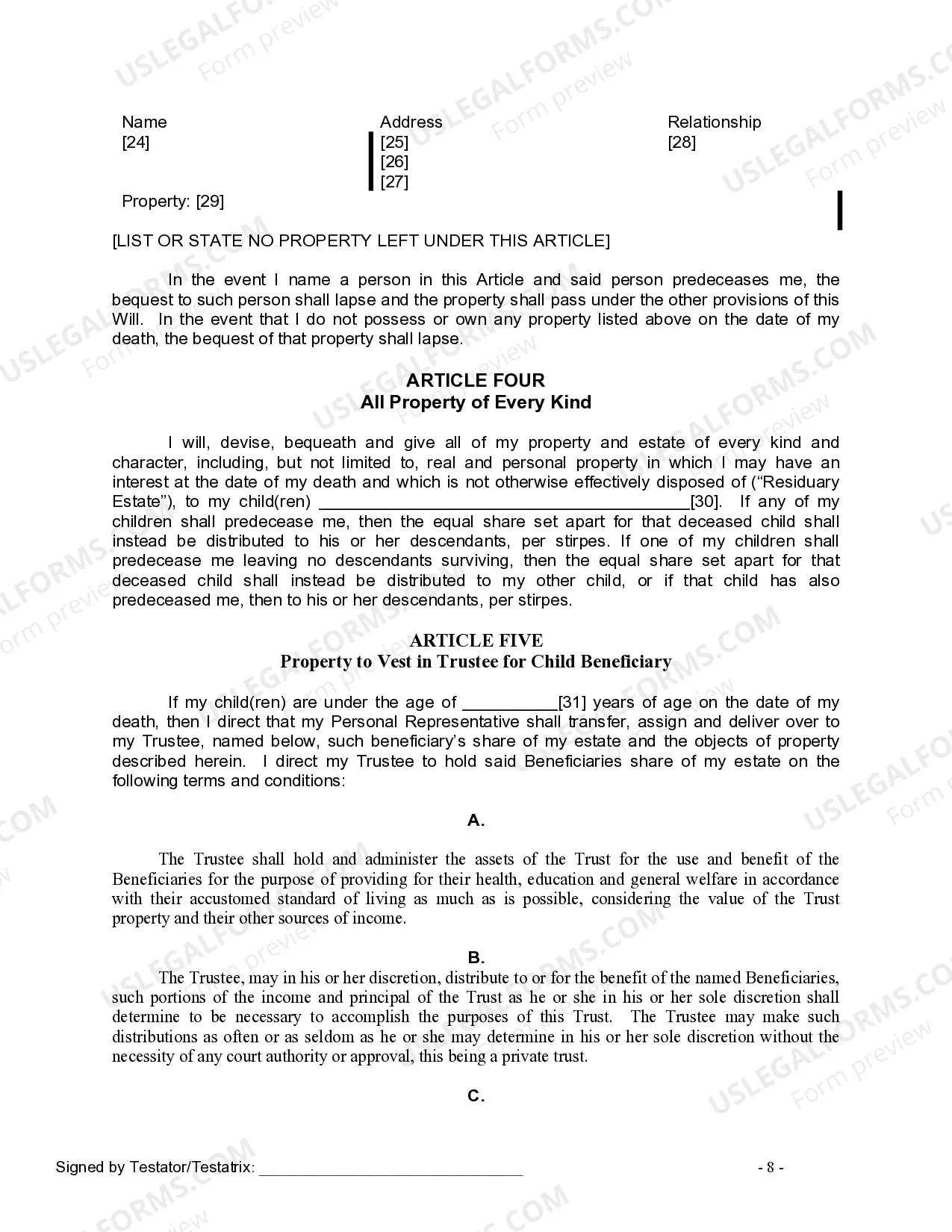 Preview Last Will and Testament for Divorced Person Not Remarried with Adult and Minor Children