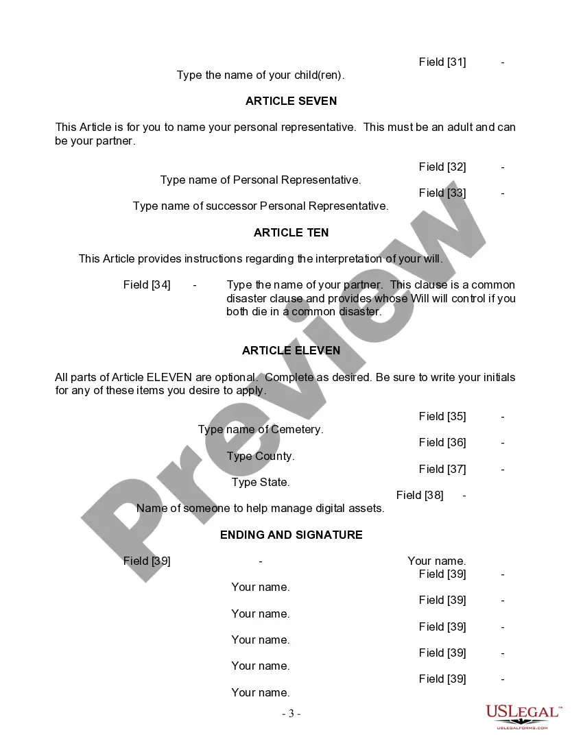 Preview Last Will and Testament for Civil Union Partner with Adult Children