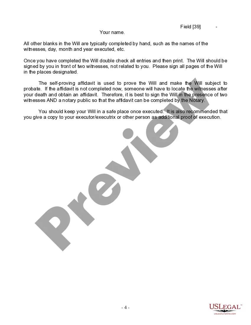 Preview Last Will and Testament for Civil Union Partner with Adult Children