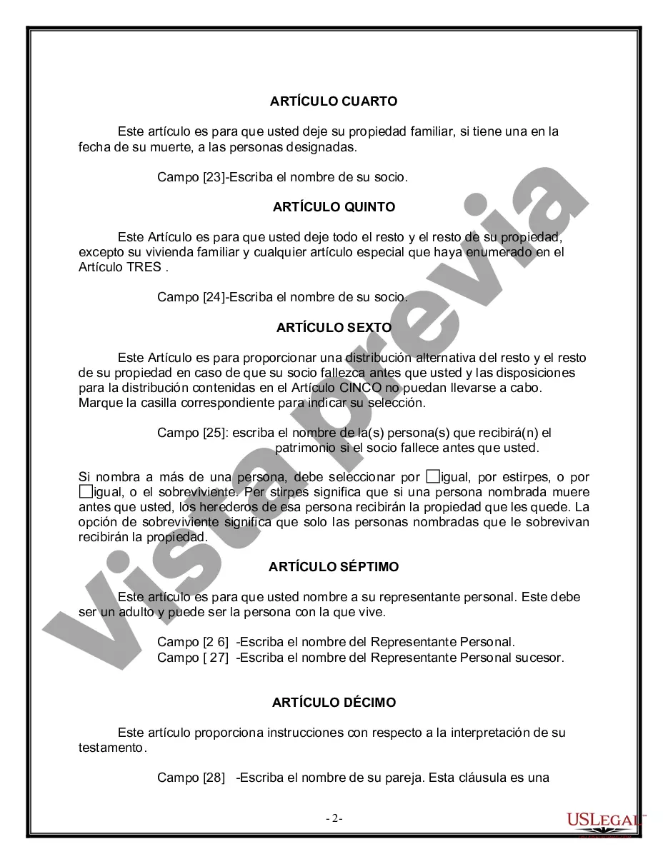 Preview Formulario de última voluntad y testamento legal para una pareja de unión civil sin hijos